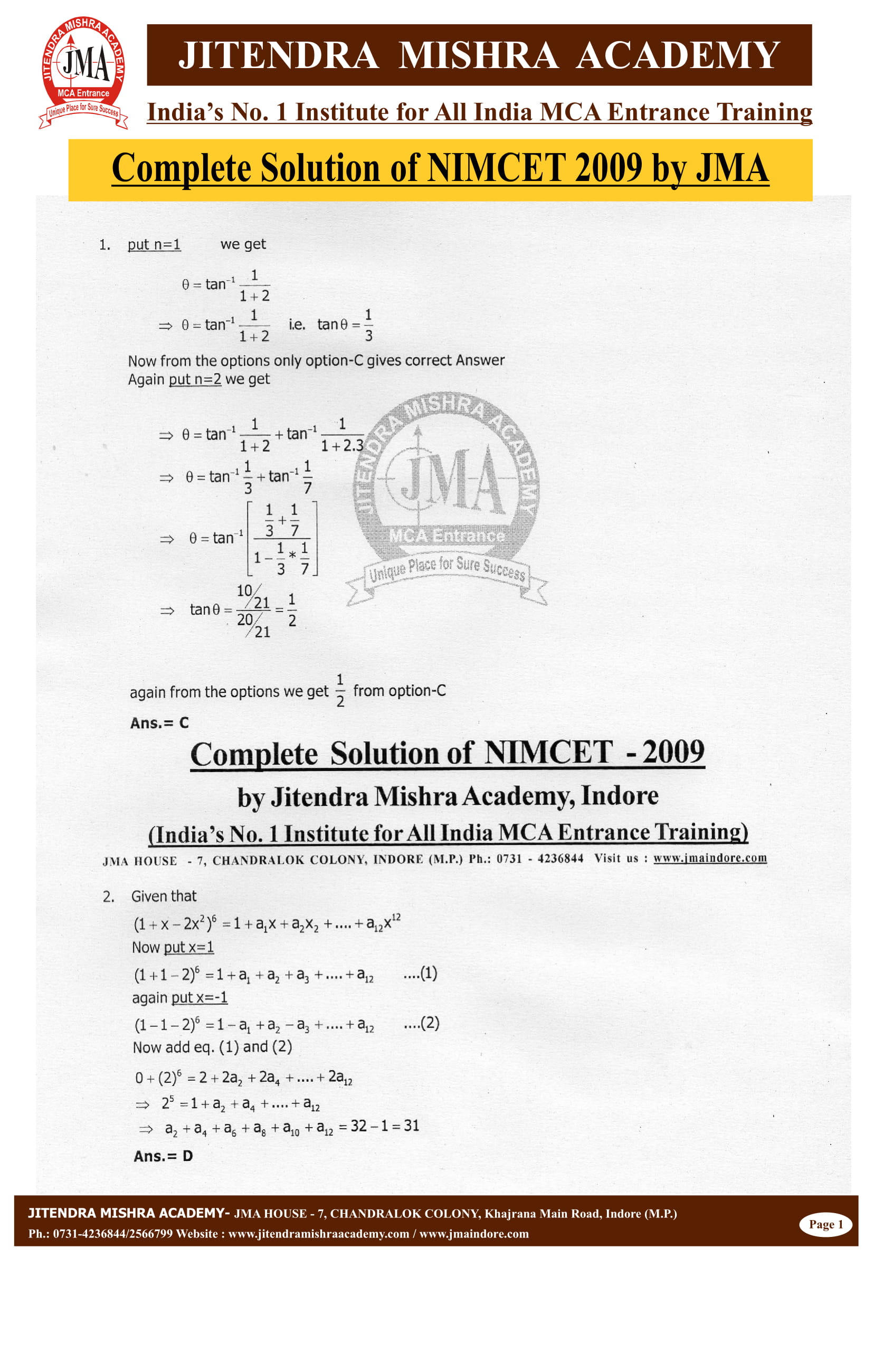 NIMCET - 2009 (SOLUTION)-02