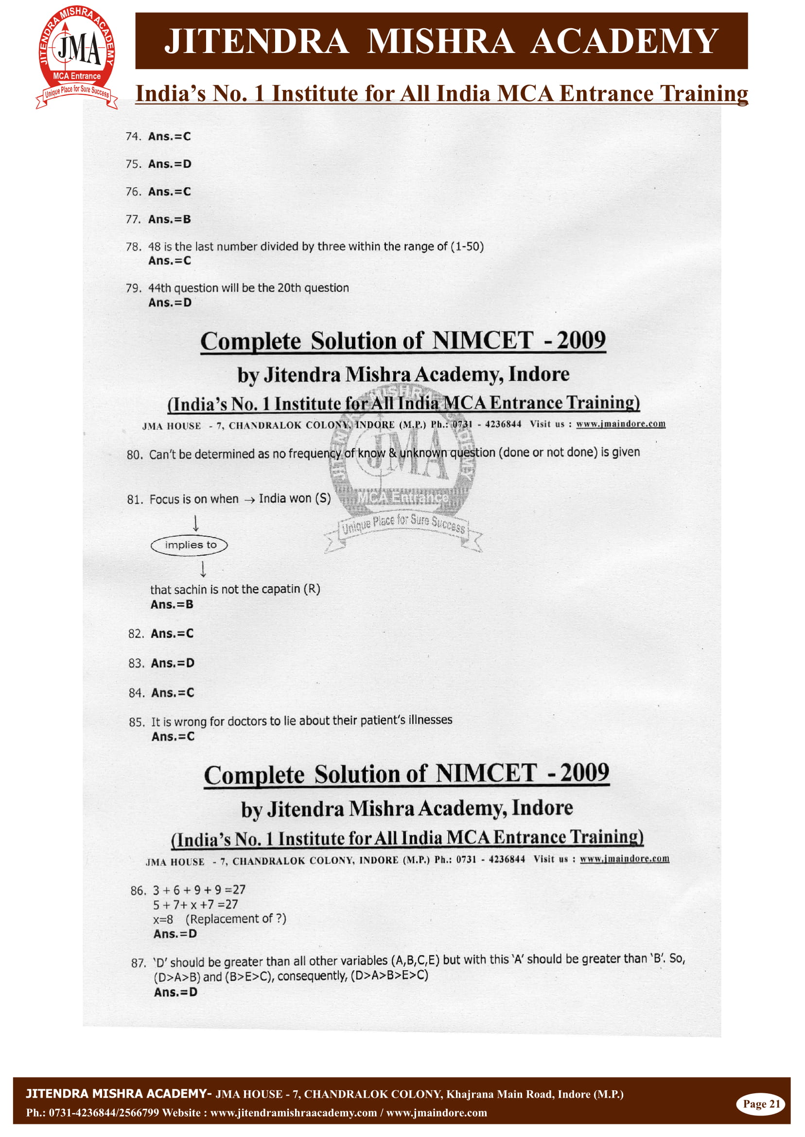 NIMCET - 2009 (SOLUTION)-22